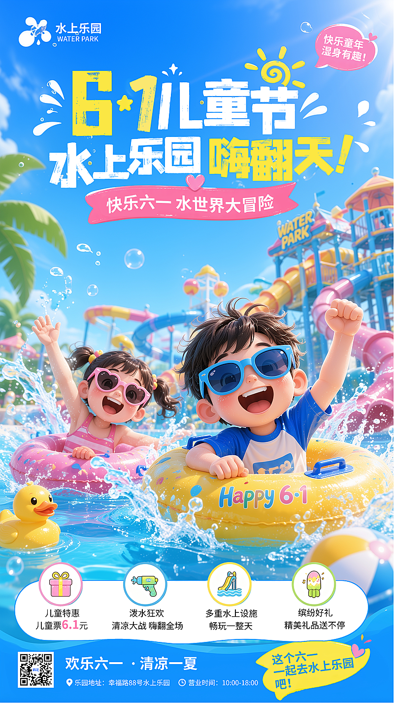 六一儿童节水上乐园朋友圈小红书展板促销活动宣传海报