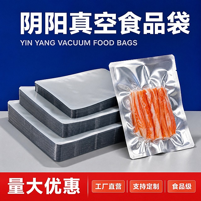 [主图-1] 阴阳镀铝箔真空食品袋首图，突出产品识别与购买欲，传递专业品质与工厂实力感。
[统一基调] 整体风格为专业洁净的电商品质风，背景主色为克莱因蓝纯色背景+浅灰色台面，标题字色为白色，辅助字色为浅灰，强调色为橙红色，字体为无衬线粗体，字号层级分明，整体干净通透有力量感。
[画面] 画面中央偏下位置，左侧为四叠整齐堆叠的阴阳镀铝箔真空袋（呈阶梯状由后往前递减），右侧斜靠一只已抽真空的阴阳袋，袋内装有橙白相间的蟹棒类熟食，透明面清晰展示食物，铝箔面呈现银灰色金属质感。产品占画面约65%。产品下方有自然接触阴影落在浅灰色台面上。背景为纯净的克莱因蓝色。顶部居中放置大标题。底部有红底白字的促销横幅，标注核心卖点标签。产品外观、形状、厚度、颜色、材质与输入产品图完全一致，禁止变形、禁止改变直径、禁止改变形状、禁止改变透视角度、禁止重新绘制产品、禁止新增或减少产品、禁止改变产品颜色。
[光影质感] 商业影棚摄影质感，主光从右上方45度照射，铝箔面呈现强烈金属反光，透明面有柔和透光效果，堆叠层次分明，底部有清晰接触阴影，整体光线干净利落，突出产品专业品质感。
[配色] 背景克莱因蓝，台面浅灰，产品银灰色铝箔+透明，标题白色，促销横幅红底白字，橙红色作为强调色点缀，整体高对比冷调专业感。
[文字版式] 顶部居中主标题"阴阳真空食品袋"，白色加粗大字，字号最大；下方一行小字英文"YIN YANG VACUUM FOOD BAGS"，浅灰色小号字。底部红底白字横幅，左侧大字"量大优惠"，右侧三格小标签分别为"工厂直营"、"支持定制"、"食品级"，标签为浅红底白字。所有文字不遮挡产品主体关键部位。
[输出要求] 比例1:1，文字清晰可读，产品清晰锐利，商业电商主图质感。禁止产品变形，禁止改变产品直径，禁止改变形状，禁止改变透视角度，禁止重新绘制产品，禁止新增产品，禁止减少产品，禁止改变产品颜色。禁止错字、模糊、杂乱、水印、平台Logo。
