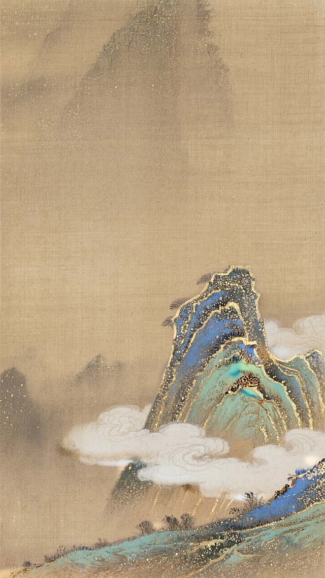 浅咖色背景，画面右下角是云雾缭绕的一座小小的青山
