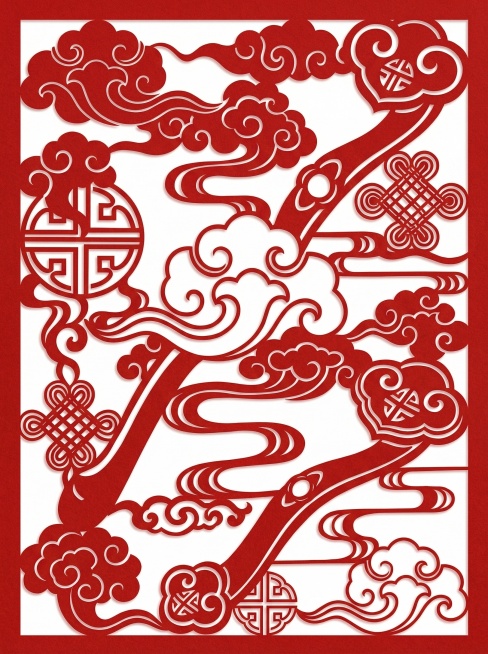 基于图中的祥云和如意纹样元素，设计一幅中国传统剪纸风格海报，红色祥云如意剪纸，正红色，纯白色背景，将多种云纹元素延展创作组合，保留传统剪纸的镂空质感，喜庆国风风格预览效果