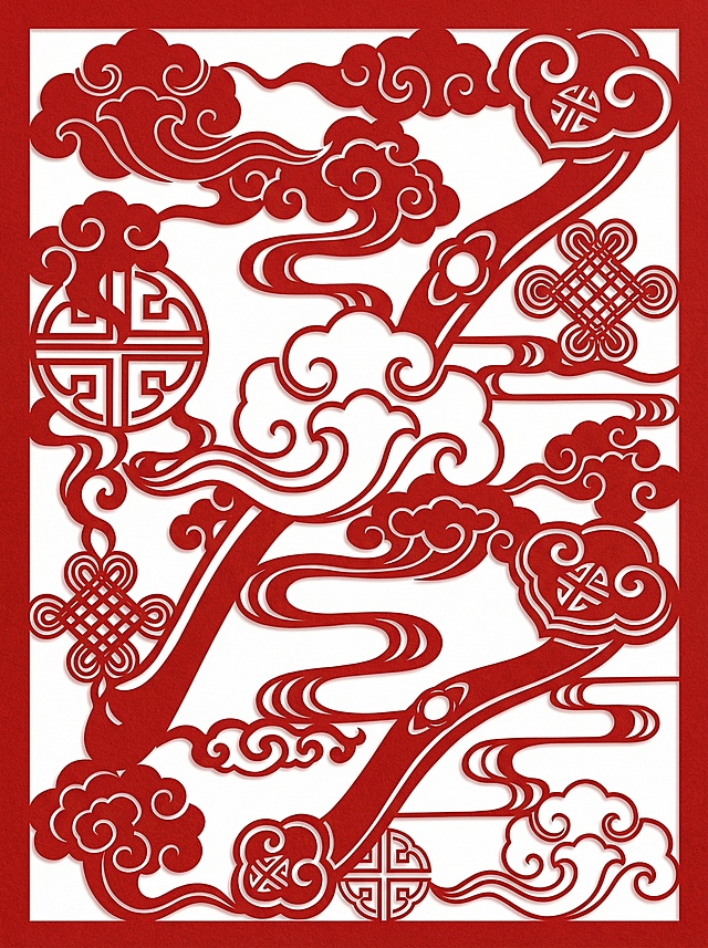 基于图中的祥云和如意纹样元素，设计一幅中国传统剪纸风格海报，红色祥云如意剪纸，正红色，纯白色背景，将多种云纹元素延展创作组合，保留传统剪纸的镂空质感，喜庆国风风格