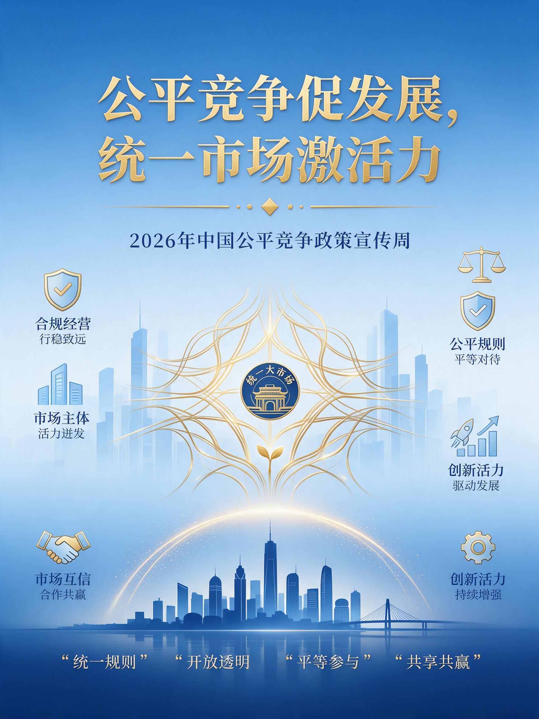 政务宣传主视觉海报，蓝金渐变大气商务风。居中对称构图，主标题"… - 图片创意预览