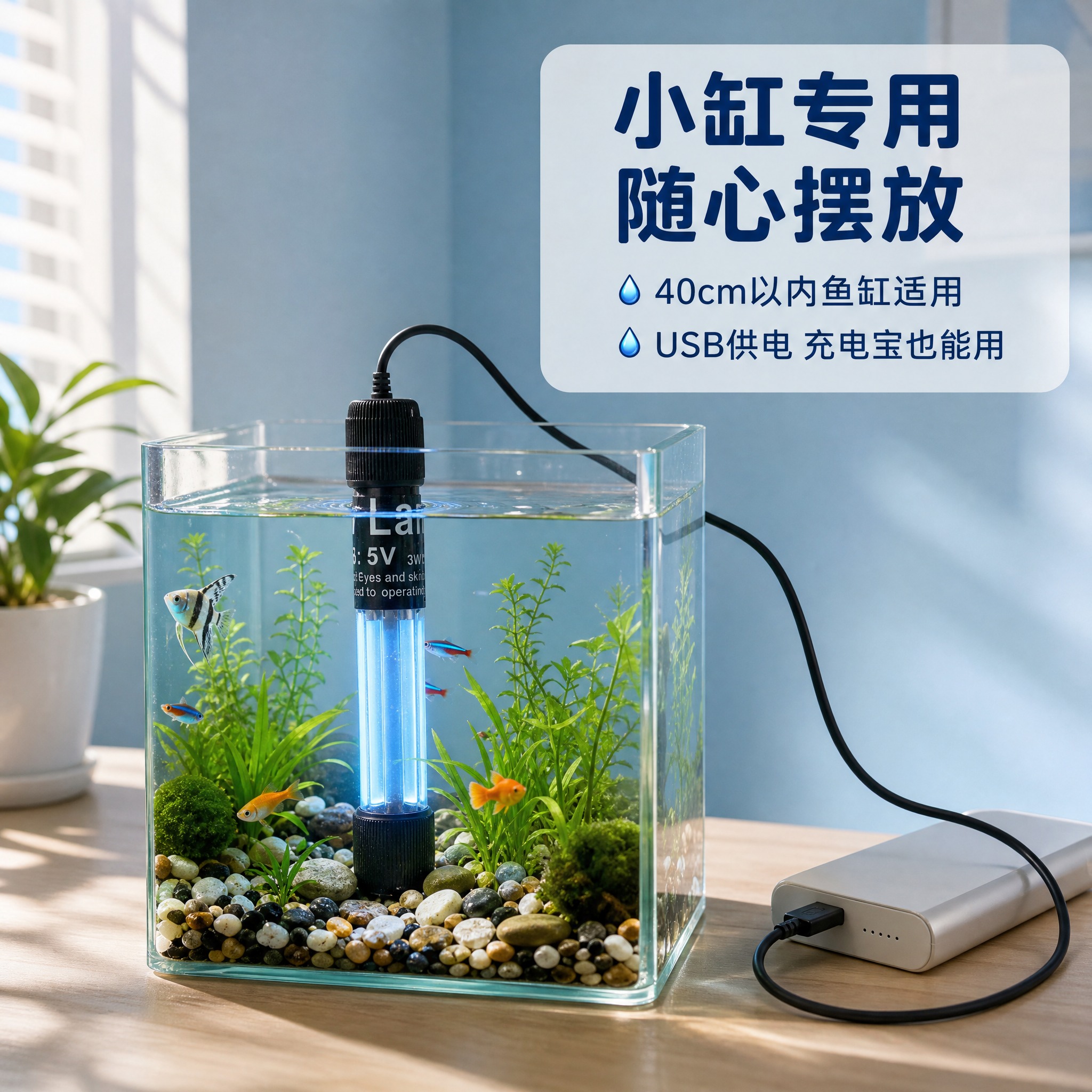 [主图-4] 场景/使用体验。展示杀菌灯在真实桌面小鱼缸中的使… - 图片创意预览