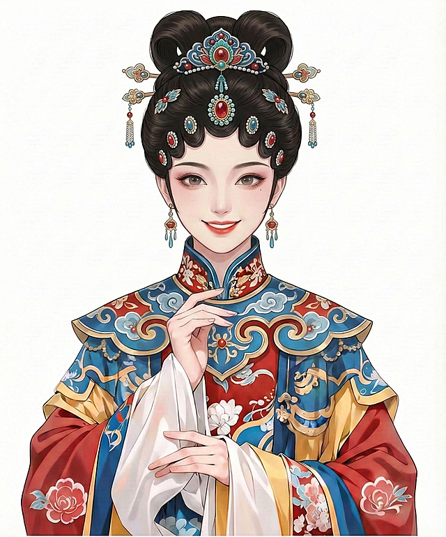 保持画风不变，更换女生为另一张漂亮的脸，更换不同款式的高发型，服装更换为同色系装饰的不同款式花旦戏曲风格，更换动作，白色背景，看着镜头微笑，