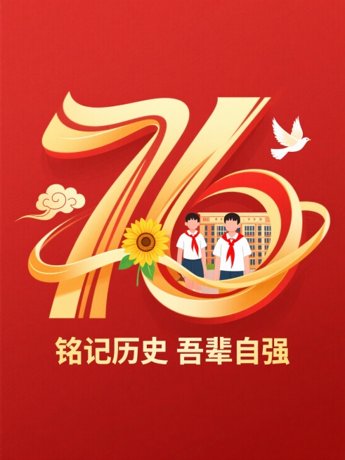 以深红色为背景主色调搭配金色动态曲线，用金色艺术感数字 “76”，内部填充戴红领巾的学生、向日葵、学校等标志性建筑，搭配祥云、白鸽等元素，融入金色艺术感文案“铭记历史 吾辈自强”。预览效果