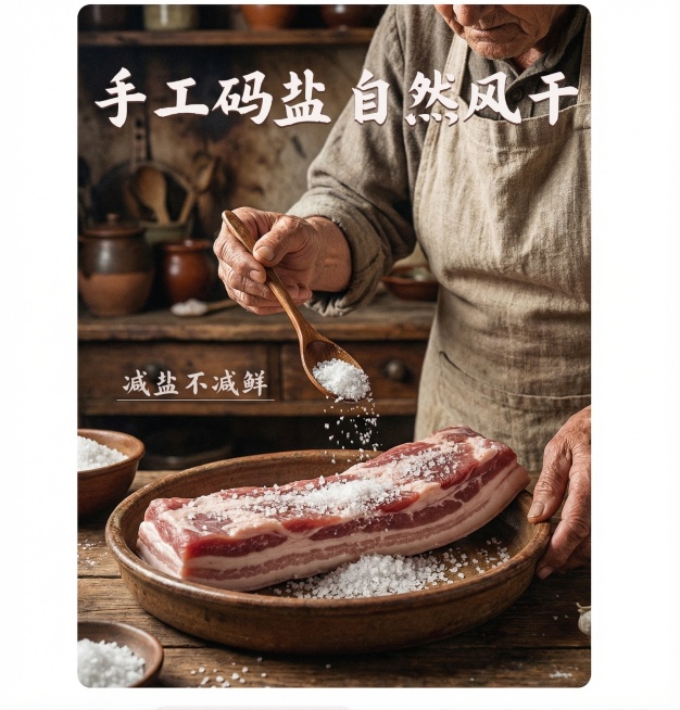 手工码盐五花肉场景，换一位身着粗布围裙的老人，用木勺往陶盘里的五花肉撒粗盐，背景是老旧厨房，配文字“手工码盐自然风干”“减盐不减鲜”，复古写实风格预览效果
