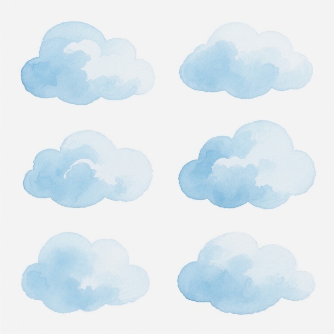 一组由6个不同造型和角度的云朵组成的系列素材集合，每个云朵都具有相同的水彩风格、柔和边缘和蓬松质感，整体采用统一的浅蓝色配色，所有云朵规整地排布在纯白色的纯色背景上，保持云朵元素内容不变，仅在形态和视角上进行变换，营造出和谐统一又富有变化的视觉效果。预览效果