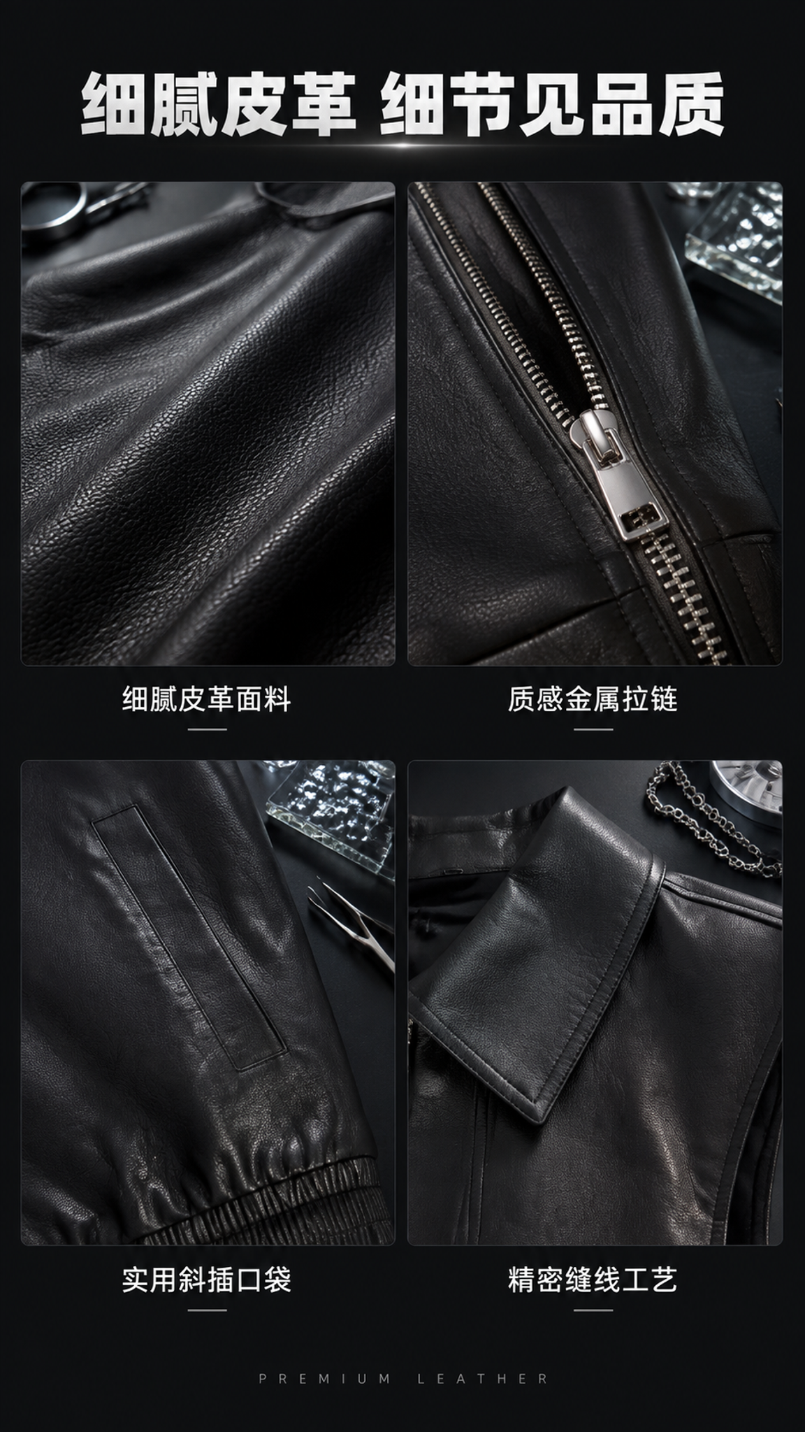 [第3张] 详情页面料与细节-黑色翻领皮质马甲面料与细节特写。… - 图片创意预览