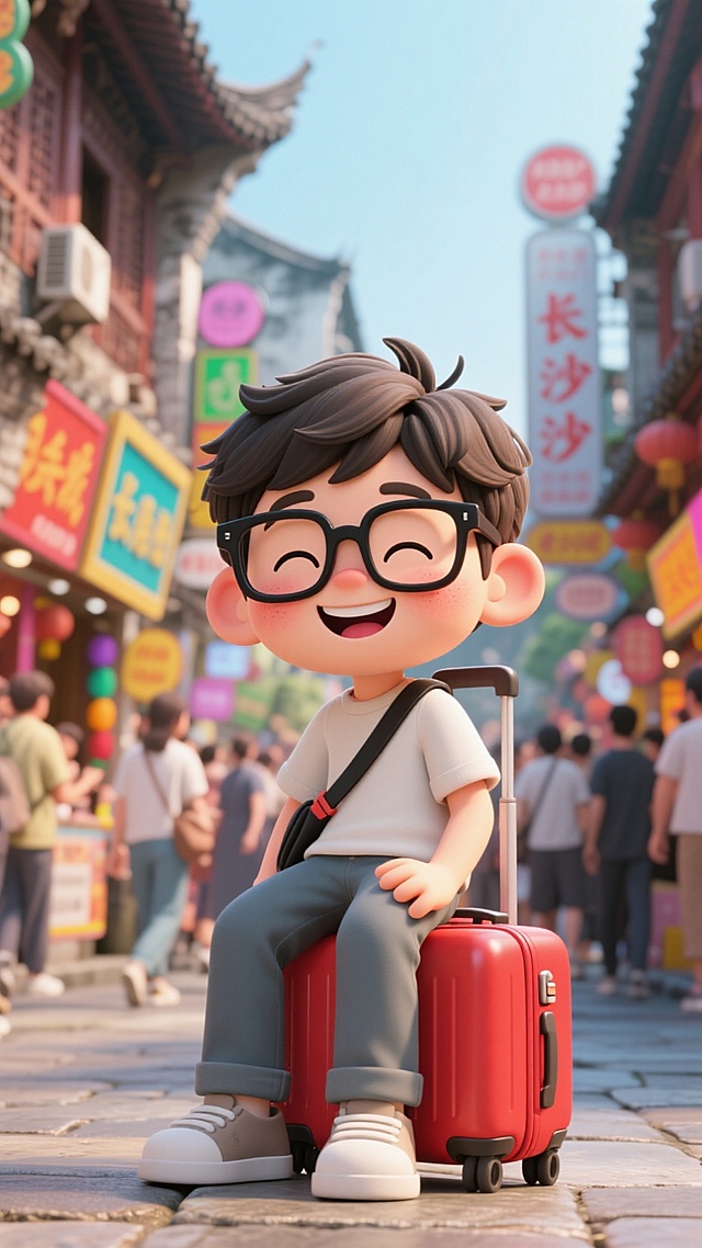 软3D风卡通男孩，可爱感十足，坐在行李箱上，背景是热闹的古街，充满节日氛围。