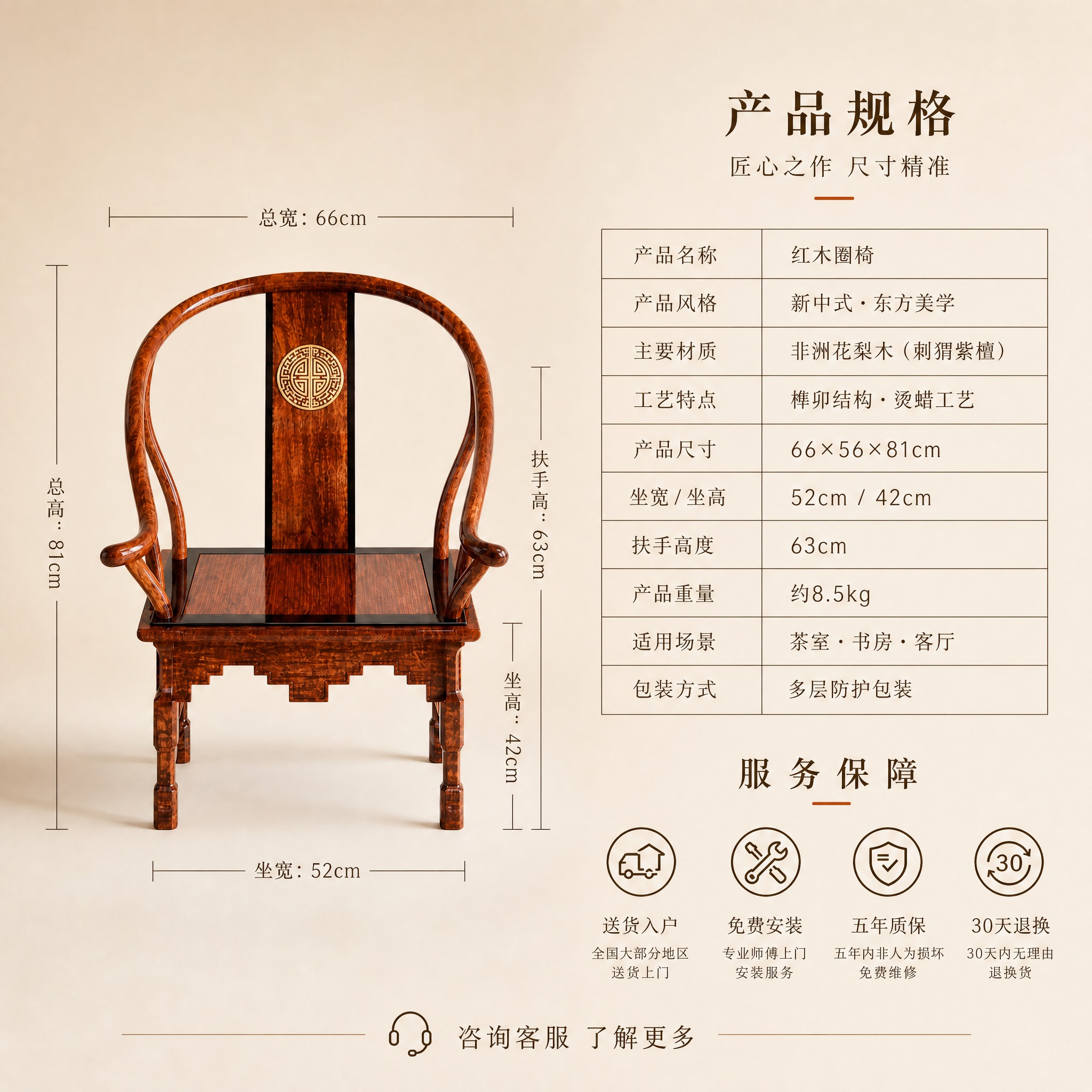 [主图-5] 规格尺寸与服务保障，产品为新中式红木圈椅。删除所… - 图片创意预览