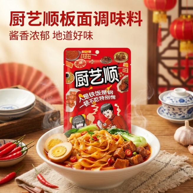 [主图 1] 板面调味料食欲诱惑首图。
[氛围风格] 美食诱人食欲感，红色喜庆国潮风，温馨餐桌场景；
[画质] 商业摄影质感、光线柔和通透、产品清晰真实、画面干净高级，超高清。
[元素] 厨艺顺板面调预览效果