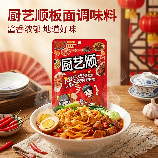 [主图 1] 板面调味料食欲诱惑首图。
[氛围风格] 美食诱人食欲感，红色喜庆国潮风，温馨餐桌场景；
[画质] 商业摄影质感、光线柔和通透、产品清晰真实、画面干净高级，超高清。
[元素] 厨艺顺板面调味料红色包装袋居中展示，背景搭配煮好的香辣板面，面条根根分明裹满红亮酱汁，冒着热气，搭配卤蛋、肉块等配料，真实诱人。保持产品包装袋外观（物理结构、材质质感、颜色）与输入产品图绝对一致，杜绝任何变形和色差，精细化处理。商品主体占比严格控制在 60%-80% 之间，画面满屏无边框。
[光影] 自然暖光，突出酱汁油亮光泽，热气朦胧通透，整体光影层次分明，食欲感强烈。
[配色] 主色调红色，搭配面条棕黄、卤蛋米白，色彩浓郁诱人。
[视角构图] 平视视角，景深适中，产品与美食清晰分层，主体完整不裁切。
[文字版式] 左上负空间左对齐留安全边距，大字文案 "厨艺顺 板面调味料"，红色粗体无衬线，辅助文案 "酱香浓郁 地道好味"，字体缩小一半同色。
[比例分辨率] 1:1 比例，2k 分辨率；文字清晰可辨，超高清。
[负向提示词] 变形，水印，文字错乱，产品图模糊，背景杂乱。