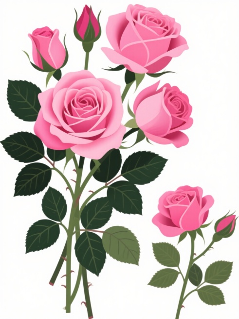 白色背景上，两束色彩改为鲜艳粉色的玫瑰花插画，左侧较大花束包含盛开的主玫瑰、半开玫瑰和花苞，右侧较小花束有盛开玫瑰和花苞，所有玫瑰均有清晰的花瓣层次和渐变色彩，搭配深绿色带叶脉的叶子，花茎自然弯曲，整体保持原有的写实风格和装饰性插画感，花朵和叶子边缘锐利，色彩饱满，无阴影，呈现平面设计效果。预览效果