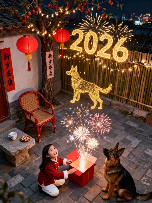 小院是青灰砖铺地，靠墙摆刷朱红漆的旧藤椅，藤椅旁石桌放白瓷茶杯、一小盘花生；院角老枣树下挂两盏红纸糊圆灯笼，树干贴手写 “新岁安康” 春联；院门口竹篱笆缠细串灯，串灯光裹枣树枝，风晃灯笼穗子轻摆。小孩预览效果
