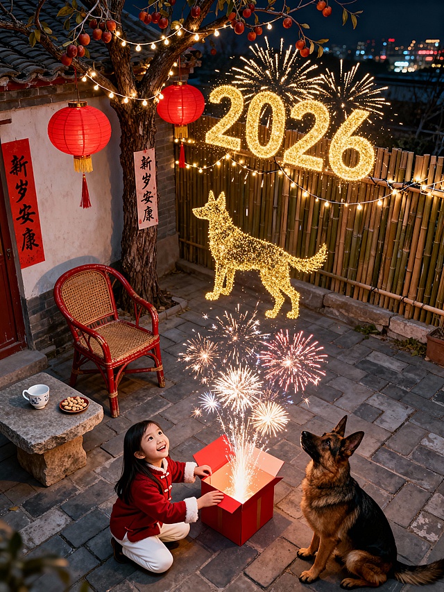 国潮风庭院夜景，融合中式元素与霓虹光影，粒子烟花点亮“2026”与金狗超级符号，红灯笼、春联烘托喜庆温馨氛围，梦幻而富有节日仪式感。