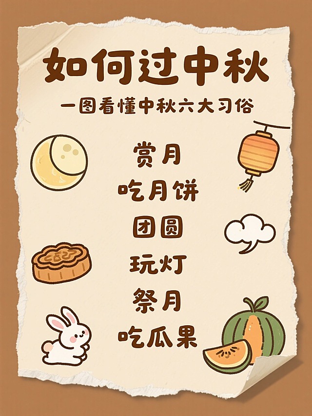 手账风插画，棕色字，顶部有艺术字标题 “如何过中秋”，副标题“一图看懂中秋六大习俗”，竖排小字“赏月 吃月饼 团圆 玩灯 祭月 吃瓜果”，两边点缀月亮、月饼、兔子、灯笼、云朵、瓜果元素，浅棕纸张撕纸效果、手写字体，暖棕色底色