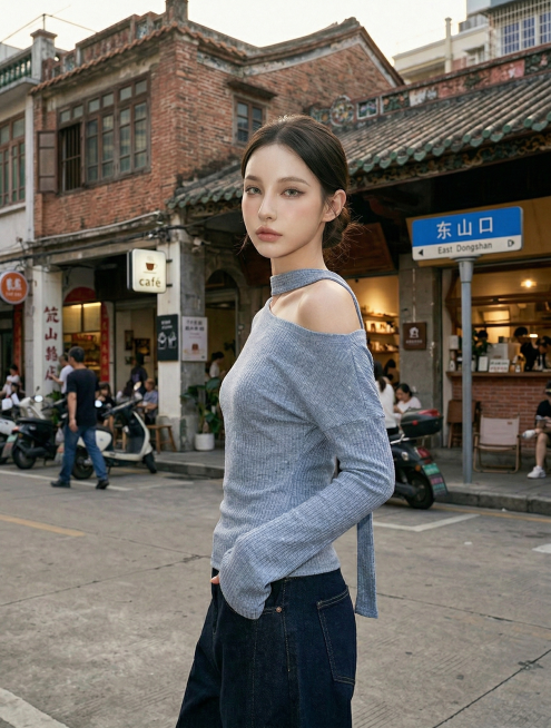 将模特裤子换成深蓝色牛仔裤，背景更换为广州东山口街拍场景，模特姿势改为单手插兜侧身看向镜头，保持模特人物细节和上衣纹理不变预览效果