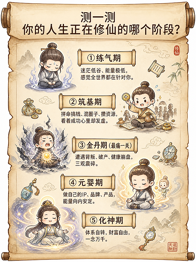 参考原图风格：做旧卷轴宣纸背景，Q版卡通修仙人物，水彩手绘风格。主标题“测一测 你的人生正在修仙的哪个阶段？”。五个阶段分别排版：1 ①练气期：迷茫低谷、能量极低，感觉全世界都在针对你。配图Q版低落打坐修仙人物。2 ②筑基期：拼命搞钱、混圈子、攒资源，看着成功心里却发虚。配图Q版社交攒资源修仙人物。3 ③金丹期（最痛一关）：遭遇背叛、破产、健康崩盘，三观震碎。配图Q版金丹状态修仙人物。4 ④元婴期：做自己的IP、品牌、产品，能量向内安定。配图Q版元婴打坐修仙人物。5 ⑤化神期：体系自转，财富自由，一念万千。配图Q版通透发光修仙人物。保持Q版治愈水彩手绘风格，和原图一致，3:4比例。