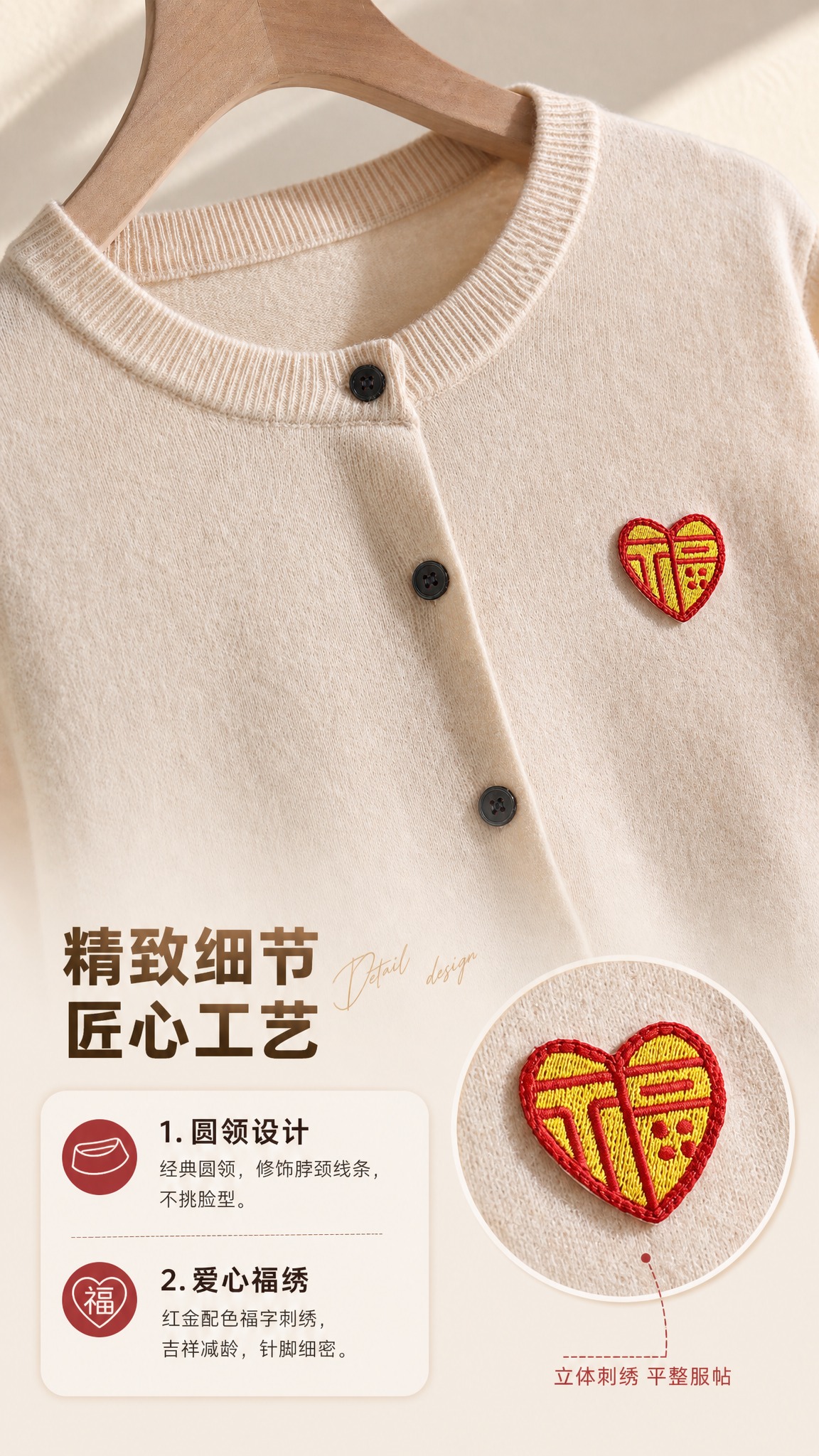 [商品] 使用【图4】【图5】米杏色羊毛开衫圆领与爱心福字刺绣… - 图片创意预览