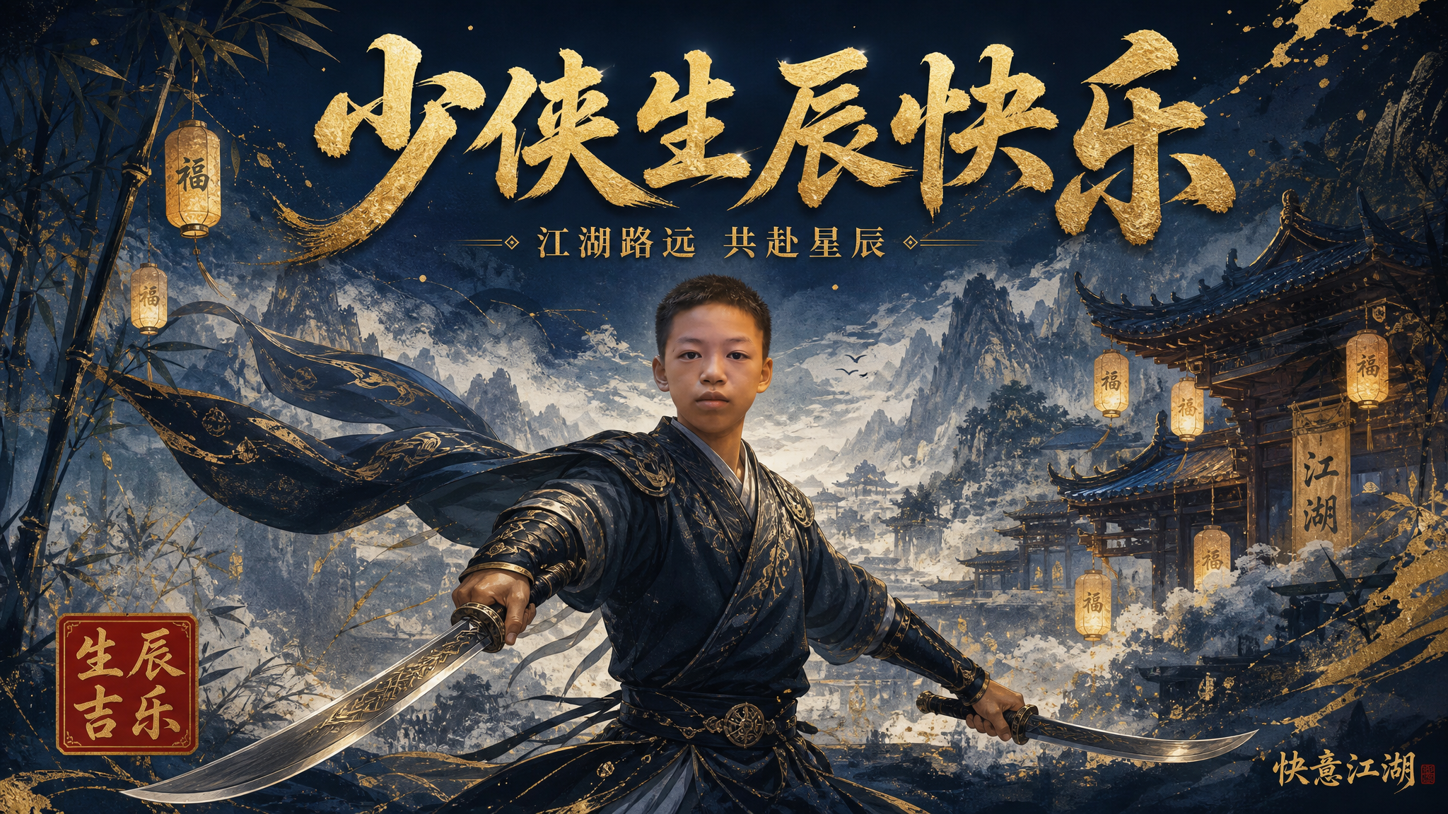 将图中的少年作为主角，重绘为武侠风格的生日海报横版。少年身穿古… - 图片创意预览