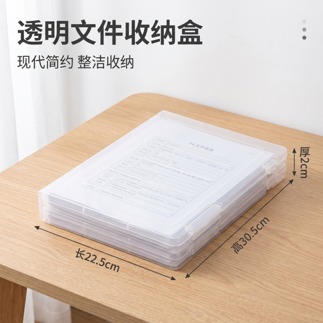 [主图-大号款] 现代简约桌面透明文件收纳盒。
[氛围风格] 干净简约现代家居风，突出产品本身
[画质] 商业摄影质感、光线柔和通透、产品清晰真实、画面干净高级。
[元素] 大号透明PP文件收纳盒放置预览效果