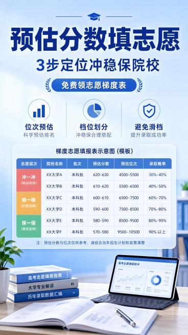 风格：写实商业设计，专业升学指导风格，清晰信息分区，排版精美；主标题文字："预估分数填志愿"；副标题文字："3步定位冲稳保院校"；装饰文案："免费领志愿梯度表"；卖点标签：位次预估，档位划分，避免滑档预览效果