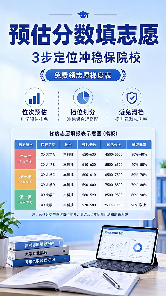 风格：写实商业设计，专业升学指导风格，清晰信息分区，排版精美；主标题文字："预估分数填志愿"；副标题文字："3步定位冲稳保院校"；装饰文案："免费领志愿梯度表"；卖点标签：位次预估，档位划分，避免滑档；主体画面：包含梯度志愿填报表格模板示意图，搭配简约书桌学习场景；整体色调：清新专业蓝色系，浅蓝背景搭配深蓝色文字，清晰易读；空间层次：背景层浅蓝渐变，中景信息卡片展示表格，前景无多余装饰；文字排版：主标题居中放大，副标题在主标题下方，卖点标签分散在负空间，整体信息分区清晰；画面比例：9:16，超高清，所有文字清晰可读不遮挡主体