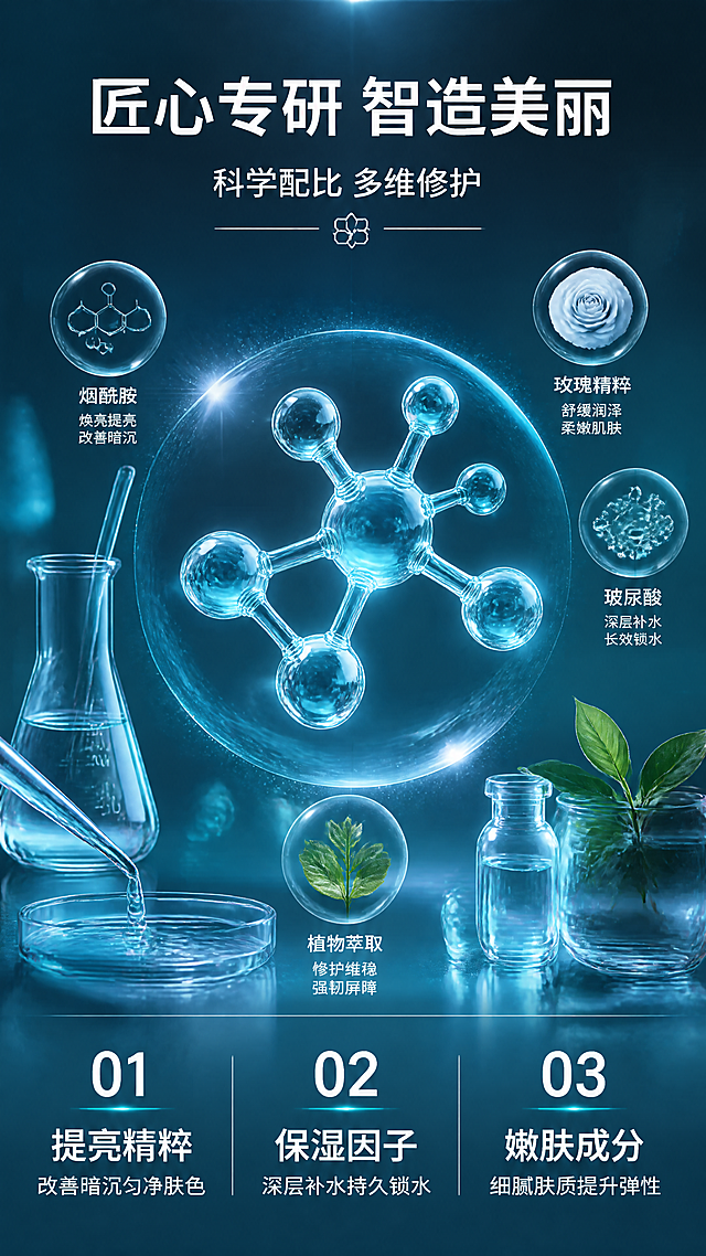 [第3张] 成分机理页-护肤科技与成分解析（科研背书型）。本张为成分专页，不使用产品外观图。
[氛围/风格] 高端科研实验室风，科技感通透质感，专业严谨又不失美妆高级感。
[元素布局] 画面中央为大型3D分子结构模型，占画面约40%；周围环绕透明玻璃器皿、滴管精华液、植物萃取物（如玫瑰、烟酰胺分子、玻尿酸分子示意）；底部有三条编号成分利益点；背景为深蓝绿色渐变，带实验室光斑、数据线条、微光粒子，层次丰富。
[光影质感] 冷调科技光，分子结构自发光效果，玻璃器皿折射光影，整体通透有深度。
[配色色系] 全局底色渐变 #0D47A1 到 #006064；主色深蓝绿；辅助色青色光效、白色文字、银色数据线条。
[视角构图] 居中对称构图，分子结构为视觉焦点，阅读动线：顶部标题 → 中央分子 → 底部三条成分说明。
[文字版式] 顶部主标题「匠心专研 智造美丽」，副标题「科学配比 多维修护」；底部三条编号信息：「01 提亮精粹 改善暗沉匀净肤色」「02 保湿因子 深层补水持久锁水」「03 嫩肤成分 细腻肤质提升弹性」；文字为白色无衬线字体，科技感排版，字号大且清晰。
[比例分辨率] 9:16 竖版比例，4K 分辨率，文字清晰可辨，高清画质。
[负向提示词] 变形，水印，文字错乱，文字过小，背景杂乱，医疗化表述，绝对化用语，优惠信息。