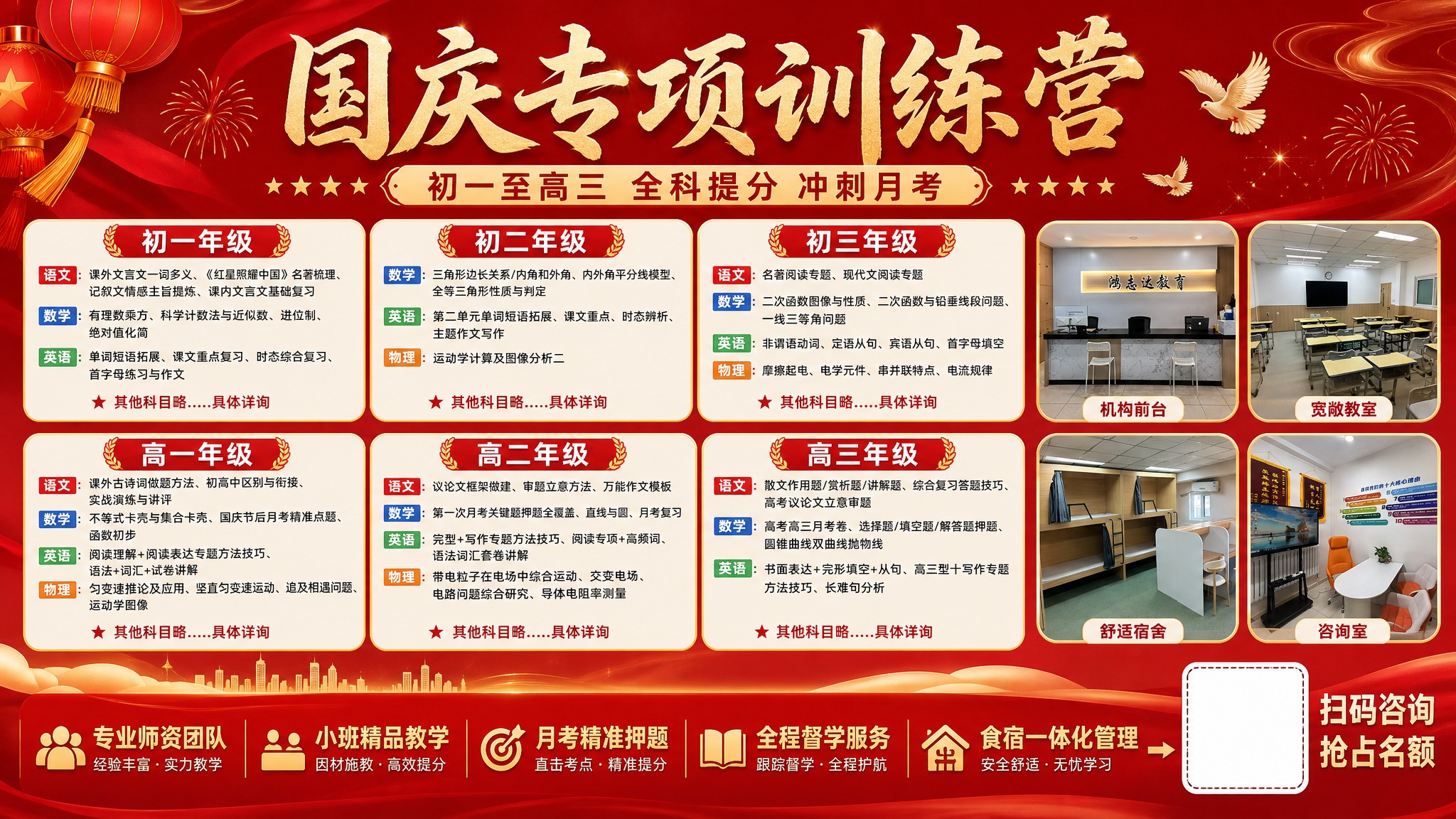 鸿志达教育国庆专项训练营横版宣传海报，中国红+金色国庆主题风格… - 图片创意预览