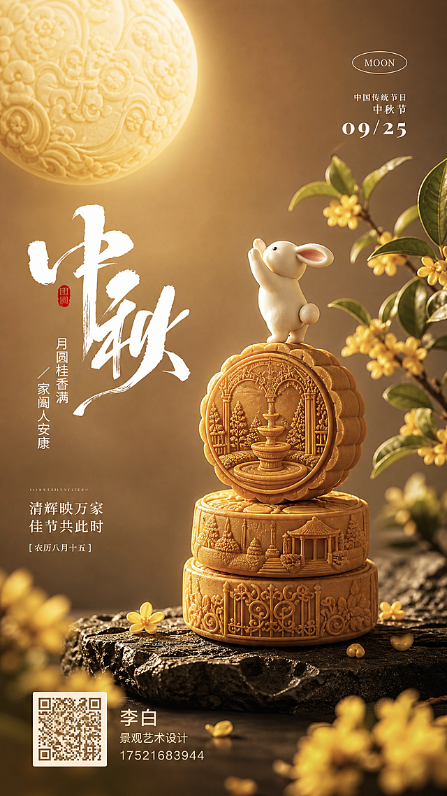 中秋节海报，竖版9:16，写实商业摄影风格，照片级高清质感。画面主体：三块精致的法式园林景观主题月饼堆叠在深色岩石台面上，月饼表面雕刻着法式花园、喷泉、铁艺花纹等景观设计图案，细节清晰逼真。月饼顶部站着一只可爱的白色小玉兔，前爪抬起望向月亮，造型灵动。画面左上角是一轮巨大的雕花圆月，月面上雕刻着精美的法式花纹，散发柔和的暖金色光芒。画面右侧有桂花枝条伸入，点缀着淡黄色桂花花朵，花瓣飘落，增添节日氛围。背景为暖金色渐变，柔和朦胧，光影从侧上方打来，立体感强，材质真实。左侧竖排大书法字"中秋"，白色笔触苍劲有力，旁边有红色小印章。书法字下方竖排小字"月圆桂香满 / 家阖人安康"，再下方是"清辉映万家 佳节共此时"和"农历八月十五"。右上角有"MOON"字样和"中国传统节日 中秋节 09/25"。画面底部区域：左下角放置微信二维码，二维码颜色为深金色，与整体暖金色调协调且清晰可识别；二维码右侧是姓名"李白"，下方是职位"景观艺术设计"，再下方是联系电话"17521683944"。整体暖金棕色调，高级质感，光影柔和细腻，景深效果，前景虚化桂花，背景虚化，主体清晰锐利，版式精美，氛围温馨雅致。画面中所有数字必须精确渲染，不得出现错位、遗漏或编造的数字。