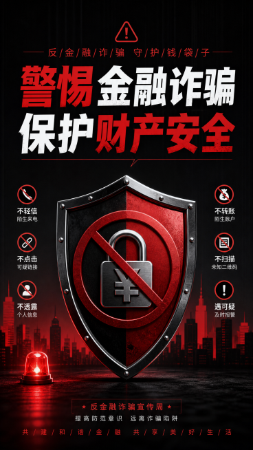 反金融诈骗宣传周海报，设计元素包含盾牌，整体风格严肃警示，使用红黑配色突出警告感，海报包含文字"警惕金融诈骗 保护财产安全"，背景简洁庄重，适合公益宣传预览效果