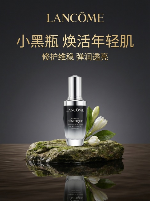 主体内容：兰蔻小黑瓶精华液（瓶身黑银渐变+品牌标识）；场景设定：深色渐变背景+水面岩石台（带倒影）;风格参考：自然轻奢美妆电商海报；色彩色调：湖泊棕+金+白（花朵）+深灰（背景）；构图视角：竖版中心构预览效果