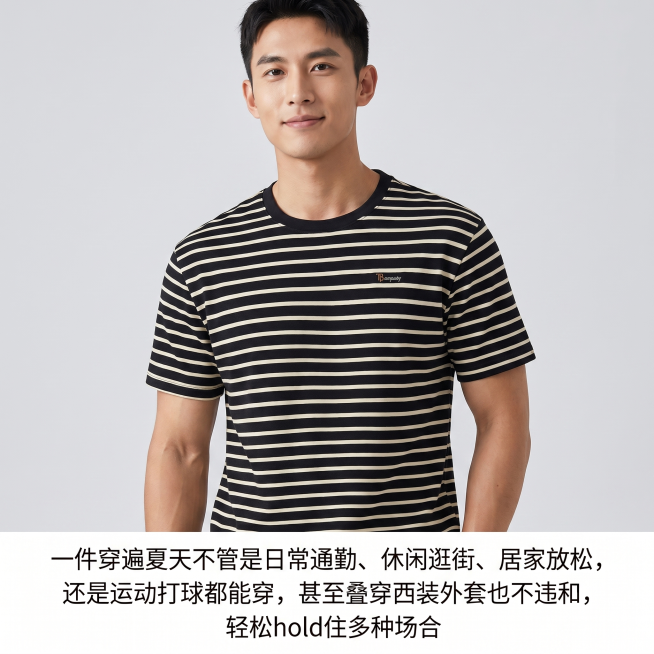 【主体保护指令】请保持参考图 1 中【条纹T恤】的款式、颜色、材质、剪裁、图案、版型、logo 与原图一致，不做改动或再创作。画面其余元素（模特、场景、光影、构图）按后续描述生成。这是一张高品质电商主预览效果