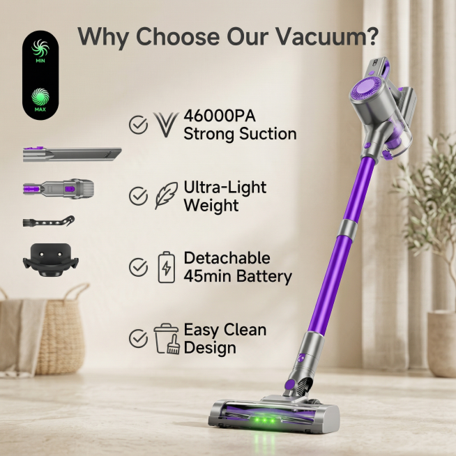 [参考风格] 舒适简约家居治愈
[主图 8] Cordless Stick Vacuum Cleaner Key Features Overview
[氛围风格] 简约干净信息展示，浅暖背景
[画面元预览效果