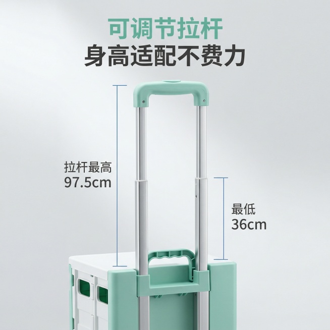 核心视觉规范关键词：整洁收纳，极简主义，高亮通透，清新生活感。可调节拉杆细节特写主图，局部特写两轮大号款薄荷绿与白色拼接折叠购物车的拉杆伸缩状态，拉杆细节占画面百分之七十区域。背景为浅灰色渐变，微距拍预览效果