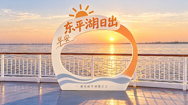 参考图中打卡牌设计风格，重新生成第二个东平湖日出主题镂空打卡牌：简约横向椭圆日出轮廓造型，PVC板材质，单人尺寸适中，文旅风极简大气，干净不杂乱。主标题"东平湖日出"，副标题"早安"，底部小字"晨光起于湖面之上"，装饰仅用顶部半个极简太阳线条+底部两道平缓水纹，配色：暖橘色+米白+浅灰，温暖高级。背景为游船甲板白色栏杆+辽阔东平湖湖面，清晨日出金光，湖面泛金，无大桥，打卡牌立在甲板临栏杆处，真实自然，透视准确，光影温暖，高清2K