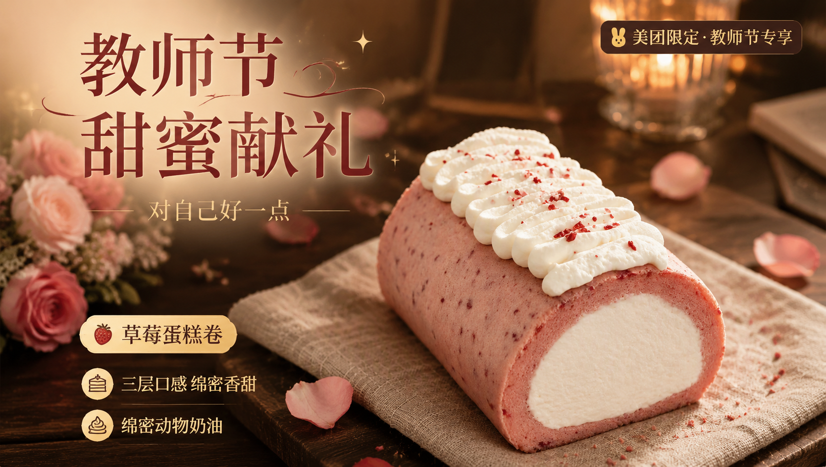 基于上传的草莓蛋糕卷商品图，制作一张高端质感的美团头图海报。蛋… - 图片创意预览