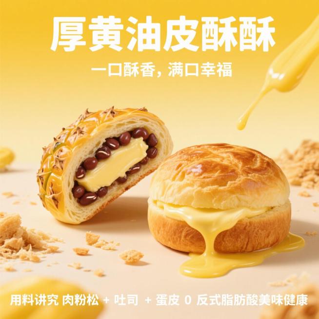 黄色渐变背景，温暖氛围，中心聚焦构图。画面中央展示两款面包特写：左侧是切开露出红豆馅和厚黄油的菠萝包，右侧是夹着厚黄油的咖啡包。面包表面有金黄酥皮的特写细节，黄油呈现融化状态。产品周围散落着酥皮碎屑，预览效果