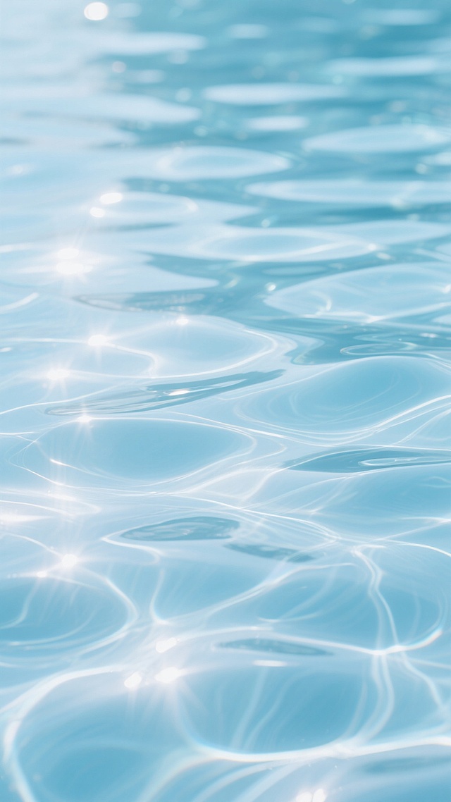 高清晰度水素材背景，纯净清澈的浅蓝色水面，阳光照射下形成明亮的波光粼粼效果，水面布满自然流畅的波纹，波纹形态多样且富有层次感，光影交错呈现出透明感和细腻的质感，整体色调以浅蓝色和白色为主，营造出宁静、清新、通透的氛围，适合作为背景使用。