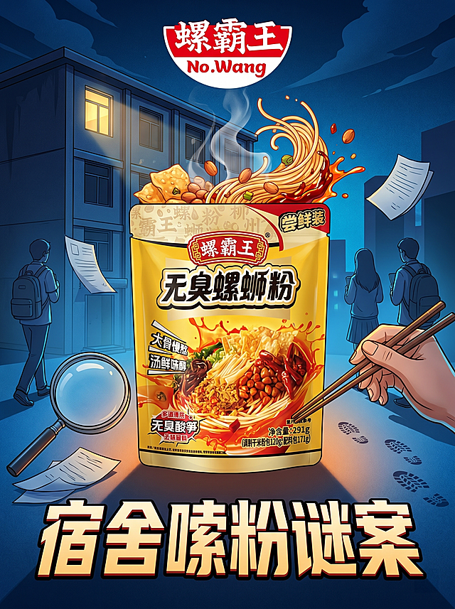 校园剧本杀《宿舍嗦粉谜案》封面设计，螺霸王螺蛳粉作为核心线索植入，青春悬疑风格，包含螺霸王logo和产品包装元素，标题文字为"宿舍嗦粉谜案"，校园推理主题
