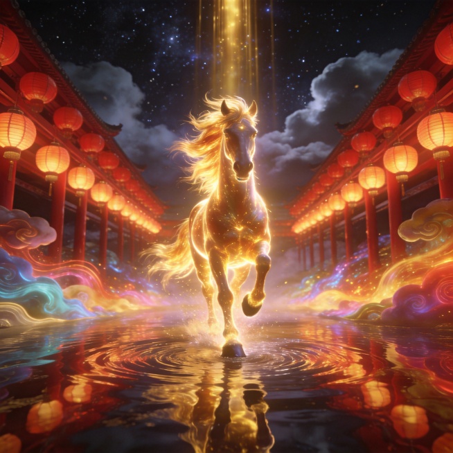 主体： 一匹金色的骏马，全身散发着光芒，鬃毛飞扬，马蹄踏在水面上，东方神话风格。
环境： 两侧是红色的灯笼长廊，背景是夜晚的星空，地面是倒影水面，周围有彩色的流动祥云和能量波纹。
光影与质感： 电影级预览效果