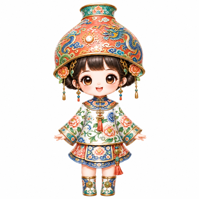 将背景换成纯白色，保留原有广彩瓷器灵感Q版盲盒IP少女形象，头戴广彩龙纹瓶帽子，衣服保留广彩缠枝花卉纹样，圆润可爱卡通风格，线条干净色彩鲜亮，高清细节适合盲盒印刷预览效果