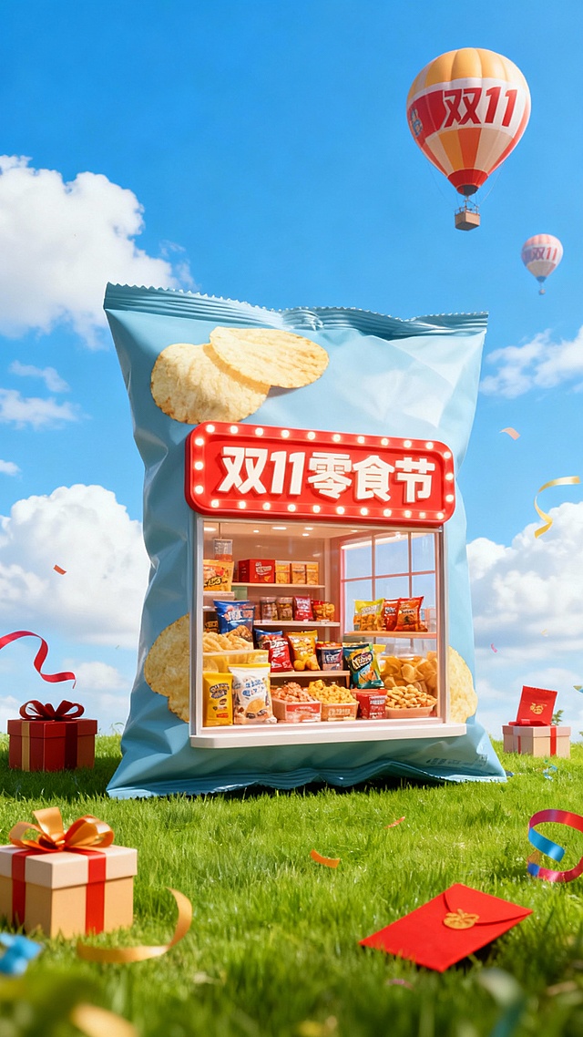 以天空为背景，中央是巨型薯片袋摆在草地上，巨型薯片袋内部设计成橱窗形式，展示着各类零食，橱窗上红色灯牌写着“双11零食节”。礼盒、红包、彩带元素装饰画面，背景点缀“双11”文字热气球。