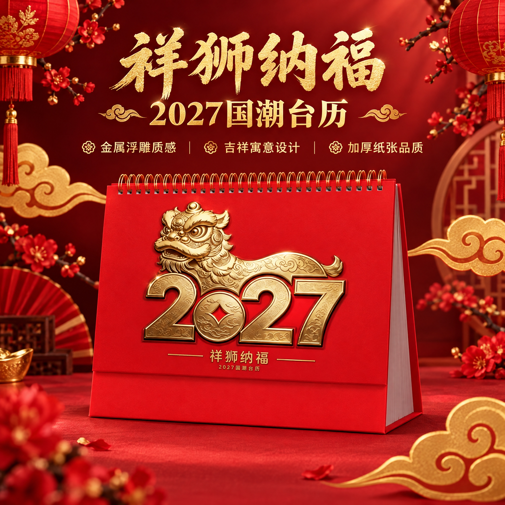 生成祥狮纳福款台历单品主图。国潮喜庆风格，红金主色调，深红色渐… - 图片创意预览