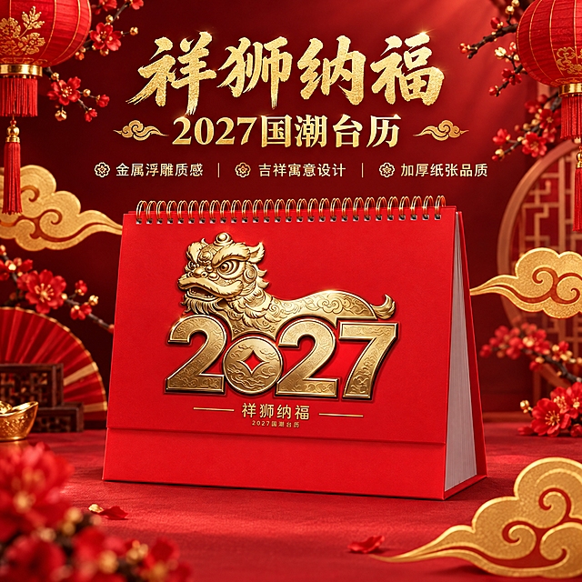 生成祥狮纳福款台历单品主图。国潮喜庆风格，红金主色调，深红色渐变背景搭配金色祥云、红色灯笼、梅花枝等国潮装饰元素。画面中央展示祥狮纳福款台历，正面视角，台历占画面60%，居中放置，底座是规整的红色三角支架，内页厚度约14张。台历封面金色浮雕瑞兽造型、2027数字、祥狮纳福文字与参考图完全一致，金属浮雕质感强烈，有金属高光。顶部有金色书法大标题"祥狮纳福 2027国潮台历"，下方三行小字卖点："金属浮雕质感""吉祥寓意设计""加厚纸张品质"。商业摄影质感，主光柔和，底部有自然接触阴影。1:1构图，文字清晰，产品完整，无变形错字，无水印无平台Logo。