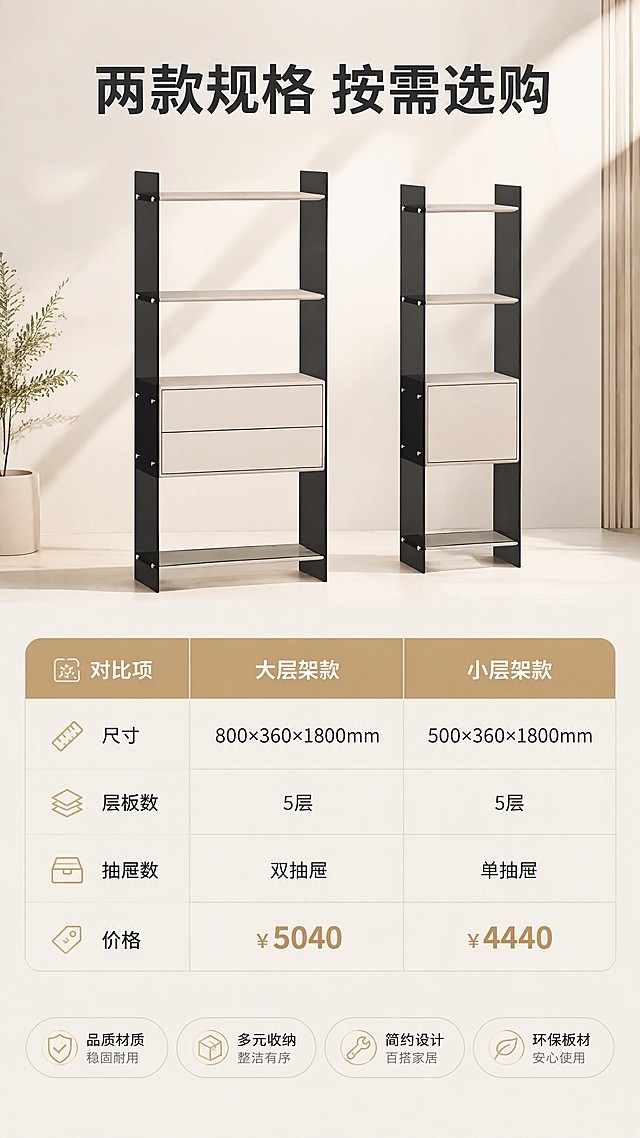 [商品] 使用【图1】DS-8816层架大小两款；保留黑色立柱、浅米色层板与抽屉、钢化灰玻底架、整体比例与结构（大层架双抽屉、小层架单抽屉）；商品处理：两款并排放置展示，光影统一，不改变结构与颜色。
[画面] 目标：SKU选购决策页，大层架vs小层架双规格矩阵对比，尺寸价格一目了然。构图：上下分区，上半部分为两款层架并排展示（大层架左、小层架右），下半部分为规格对比表；两款层架置于同一明亮场景中，光影一致。景别：中景。前中后景：前景对比表、中景两款层架、后景浅米白渐变+柔和光影。亮色调，对比清晰。
[视觉] 套系策略：风格=现代简约轻奢商业摄影；标题字=现代无衬线粗体；正文字=简洁无衬线体；主色=米白浅灰；背景延展=基于米白浅灰做深浅层级、同色渐变和细腻哑光质感；强调色=暖金/浅棕，仅用于小面积图标、引线和标签；标题色=深炭灰；正文色=中暖灰；组件=圆角浅底信息卡、细线引线、胶囊卖点框；光影=右前侧暖柔光，明亮通透，阴影柔和。
[文字] 顶部主标题"两款规格 按需选购"；下方对比表含三列：对比项、大层架款、小层架款；对比项含"尺寸""层板数""抽屉数""价格"；大层架对应"800×360×1800mm""5层""双抽屉""¥5040"，小层架对应"500×360×1800mm""5层""单抽屉""¥4440"；表格清晰，文字均横排。
[规格] 图片比例9:16竖版，4K，负向提示：避免变形、错字、文字过小、冷蓝/蓝灰背景、产品结构改变、绝对化用语、二维码、水印。