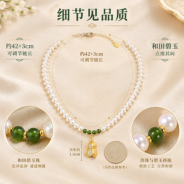 [主图-4] 细节与尺寸展示，项链整体长度与吊坠大小比例示意，搭配碧玉珠细节特写。
[统一基调] 整体风格精致温润国风，背景为浅香槟色丝绒质感，主色调米白+香槟金+玉色，标题字色深墨绿，辅助字色暖金色，字体为纤细优雅的宋体类，整体克制高级，极少量文案。
[画面] 项链平铺展开呈自然弧形，完整展示整条链条长度，花生吊坠位于画面下方中心，画面中用纤细的金色虚线标注链长约42cm+3cm延长链（示意），吊坠旁边有一枚一元硬币大小参照（仅作比例示意不出现真实硬币），左侧小圆形放大框展示碧玉珠的通透绿色与细腻质地，右侧小圆形放大框展示珍珠与碧玉珠的拼接细节，主体占比约60%，平视角度。
[光影质感] 商业珠宝摄影质感，均匀柔光，珍珠光泽柔和，金属吊坠高光细腻，玉石通透温润，整体干净明亮。
[配色] 背景浅香槟丝绒，珍珠白，金色，玉色，碧玉深绿点缀，文字深墨绿+暖金。
[文字版式] 画面顶部居中主标题「细节见品质」，下方左右两侧分别标注「约42+3cm 可调节链长」「和田碧玉 点缀其间」，放大框下方有小字说明，文字纤细优雅。
[输出要求] 1:1正方形，产品完整清晰，尺寸标注清楚，文字清晰可读，无变形，无错字，无水印，无平台Logo。