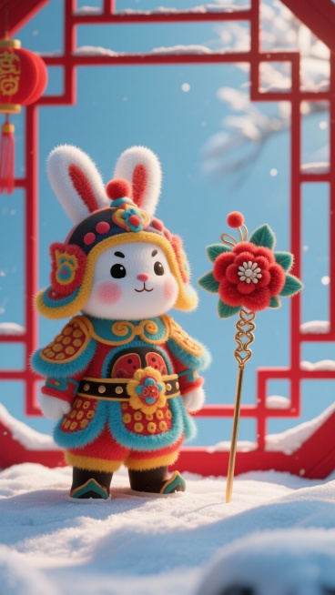 一个身穿节日武将服饰的北京泥塑“兔儿爷”，旁边是一枚精致的传统绒花发簪，两者都置于红色窗花之上。绒花的柔软绒毛质感与泥塑的光滑形成对比，喜庆，民间艺术，象征性，在白雪背景下的鲜艳色彩。预览效果