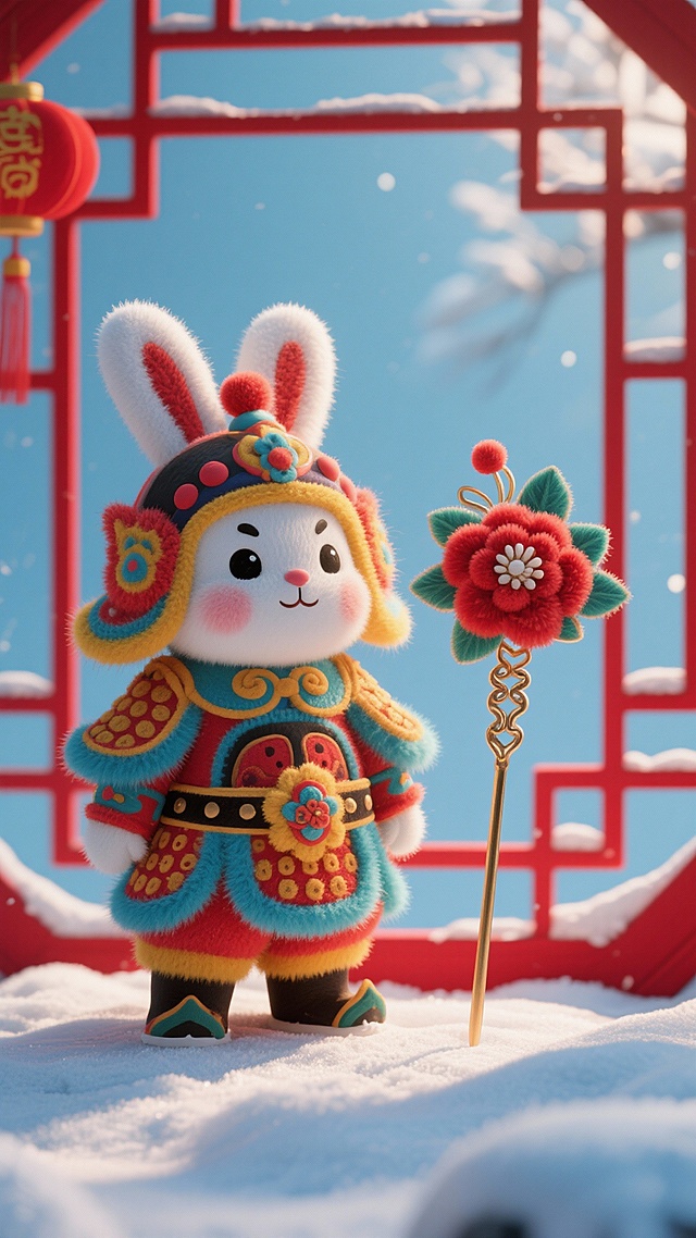 一个身穿节日武将服饰的北京泥塑“兔儿爷”，旁边是一枚精致的传统绒花发簪，两者都置于红色窗花之上。绒花的柔软绒毛质感与泥塑的光滑形成对比，喜庆，民间艺术，象征性，在白雪背景下的鲜艳色彩。