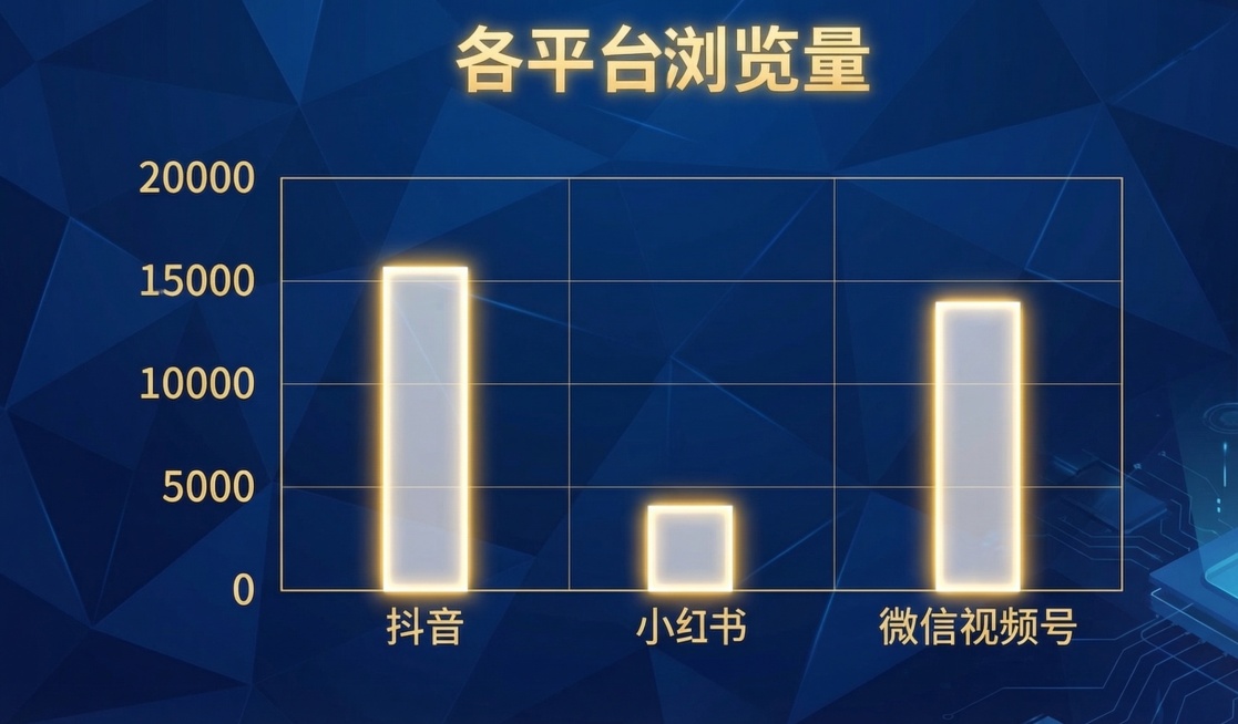 将这张各平台浏览量柱状图的风格替换为图2的样式：背景使用同款深蓝色低多边形科技感背景，柱状图采用半透明白色填充+金色发光描边的样式，文字改为金色，保持原有数据、布局和内容不变，适配图2的商务科技图表风预览效果